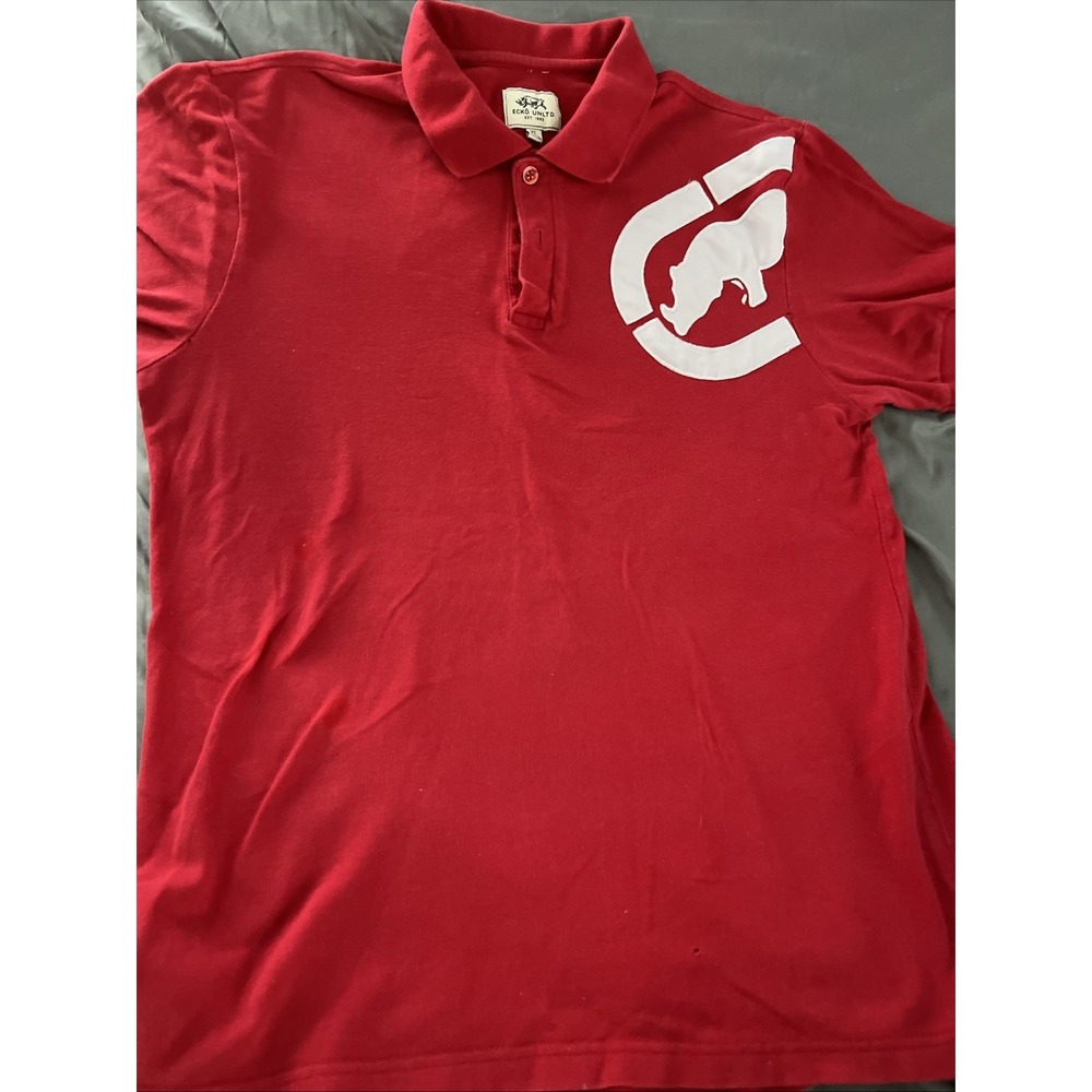 Vintage ECKO Unltd Velour Polo Shirt Y2k Short Sleeve RED W/ White Logo Mens XL